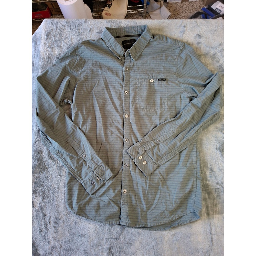 ONeill Mens Grey Blue Striped Cotton Long Sleeve Button Down Shirt Size M